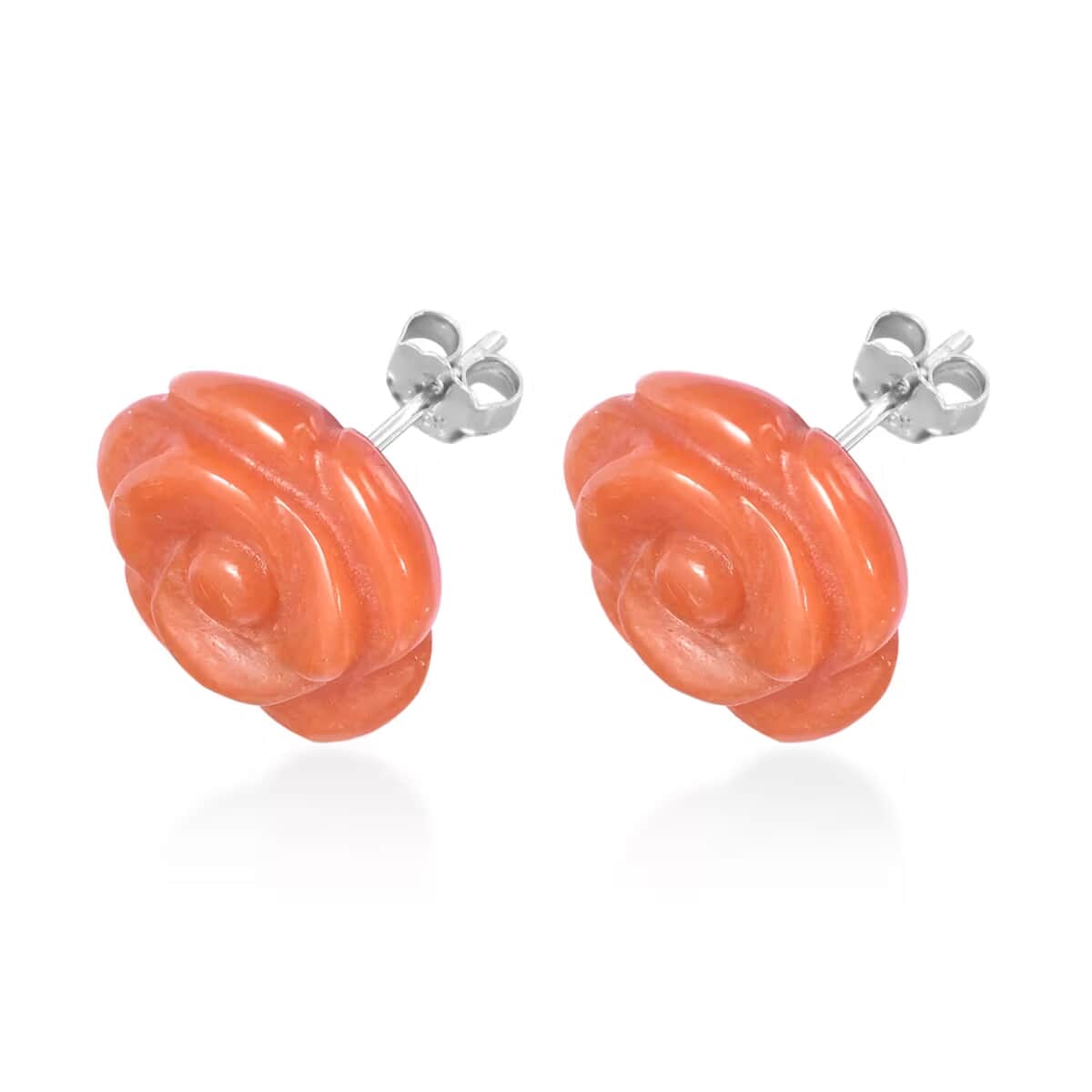 Red Jade (D) Carved Rose Stud Earrings in Rhodium Over Sterling Silver 22.00 ctw image number 5