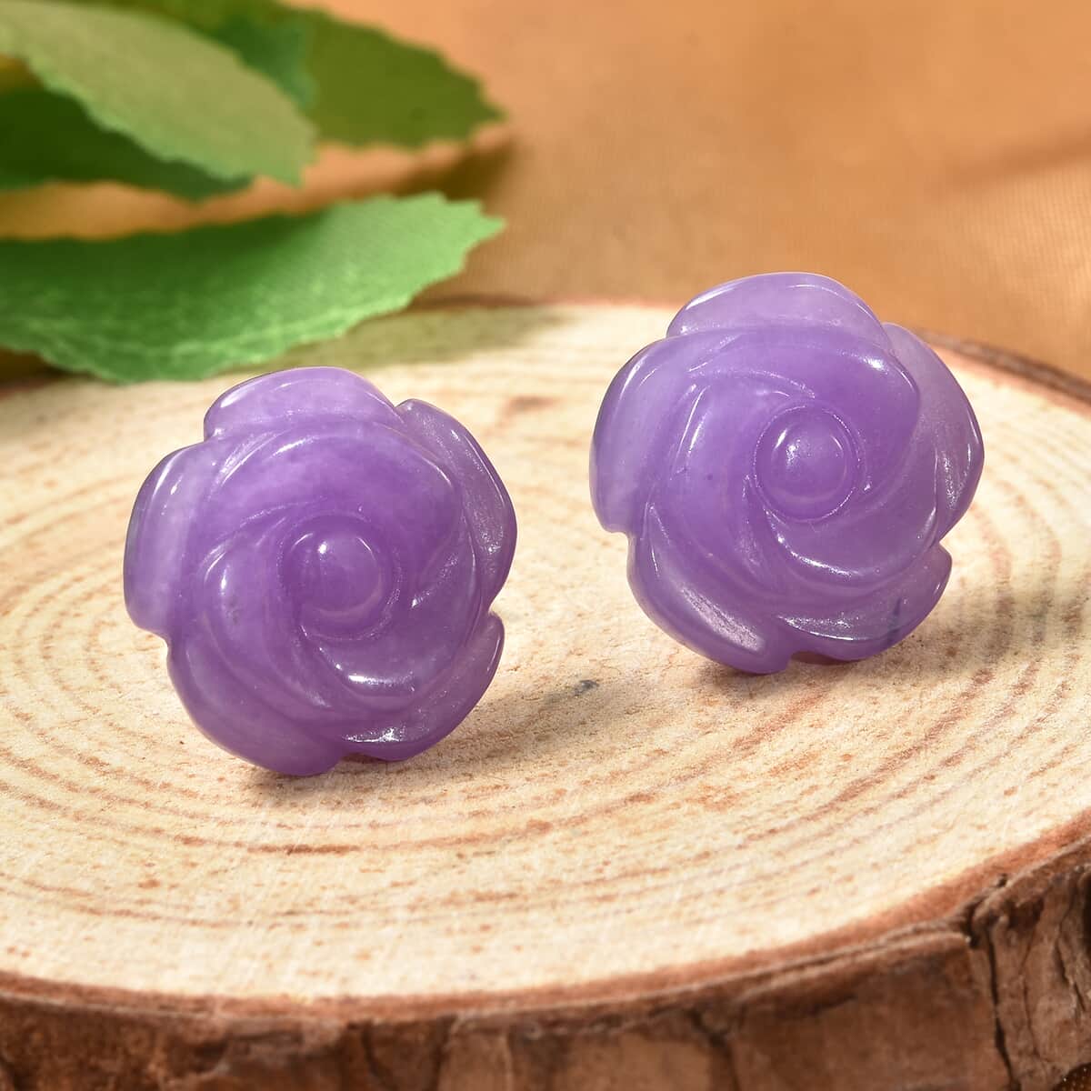 Purple Jade (D) Carved Rose Stud Earrings in Rhodium Over Sterling Silver 23.50 ctw image number 1