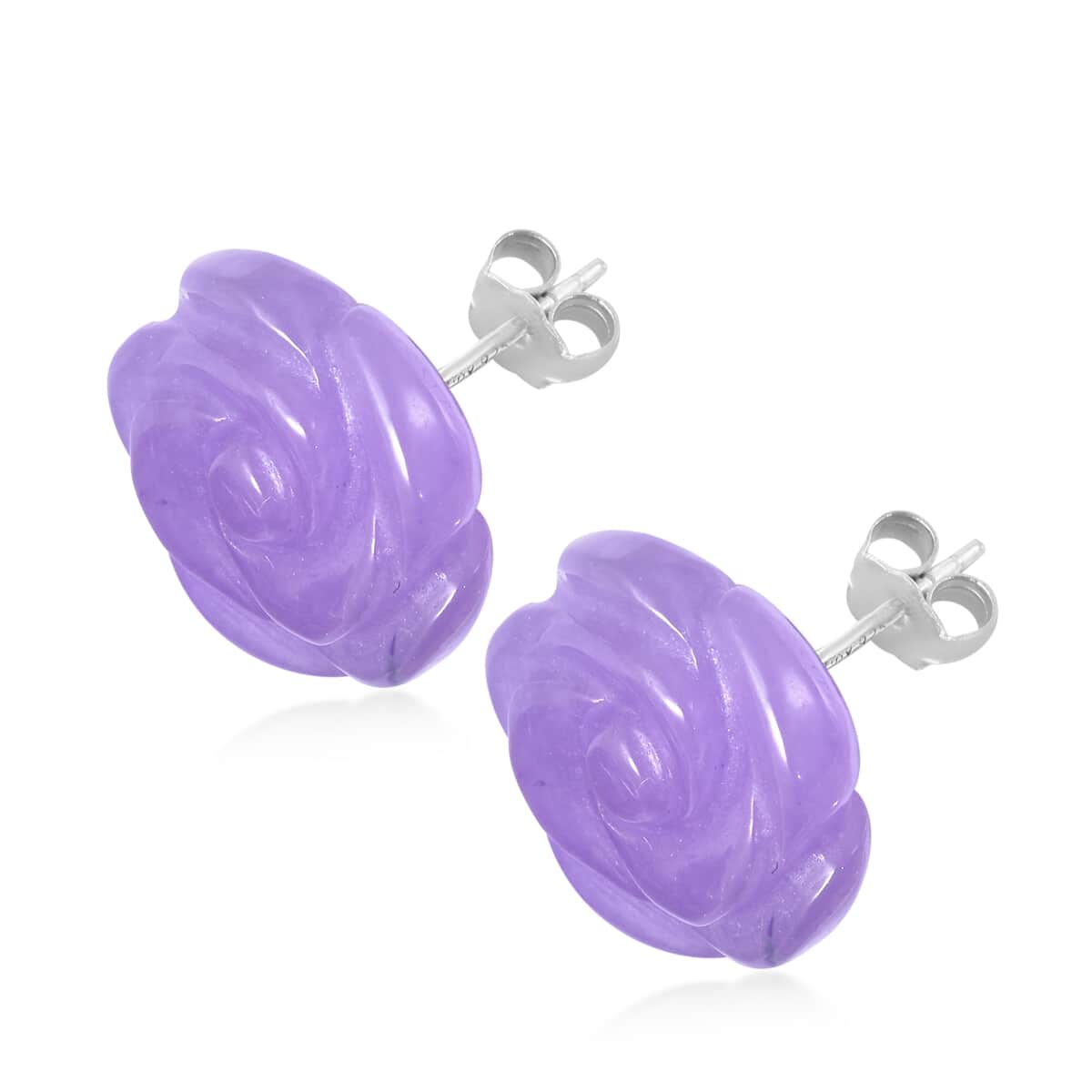 Purple Jade (D) Carved Rose Stud Earrings in Rhodium Over Sterling Silver 23.50 ctw image number 3