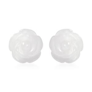 Natural Jade 22.50 ctw Carved Rose Stud Earrings in Rhodium Over Sterling Silver