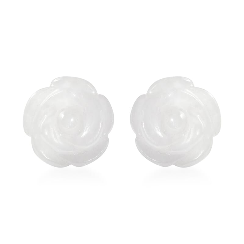 D'Joy Natural Jade 22.50 ctw Carved Rose Stud Earrings in Rhodium Over Sterling Silver
