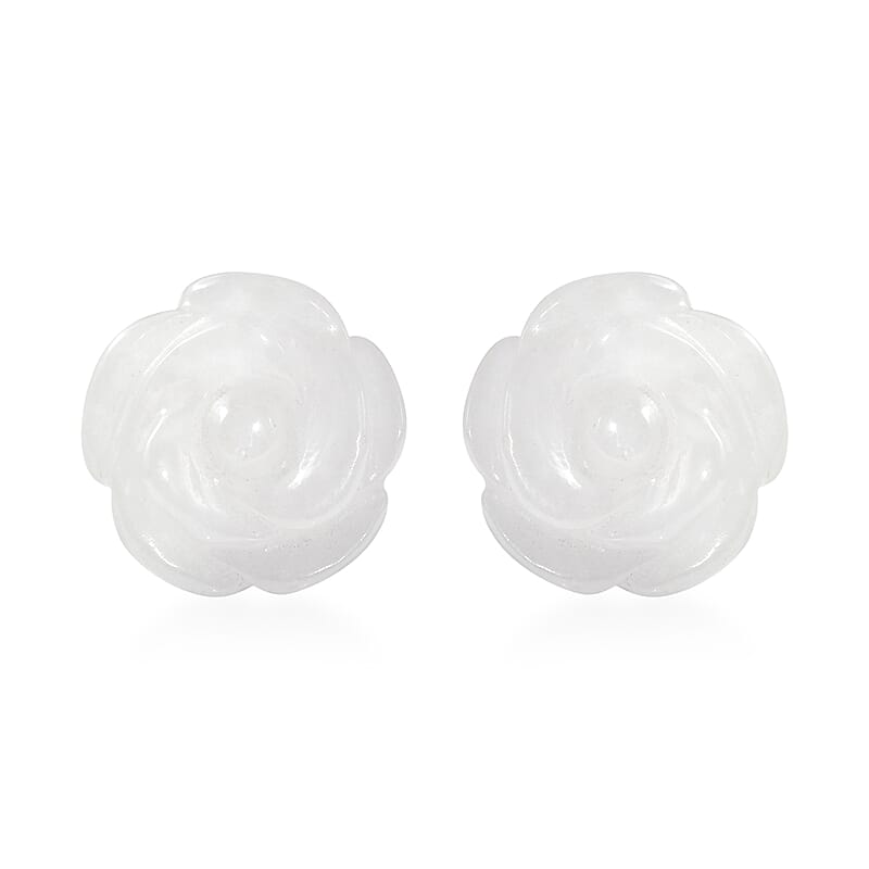 D'Joy Natural Jade 22.50 ctw Carved Rose Stud Earrings in Rhodium Over Sterling Silver