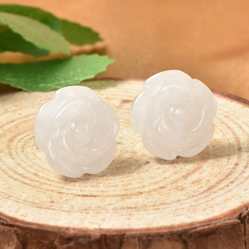 D'Joy Natural Jade 22.50 ctw Carved Rose Stud Earrings in Rhodium Over Sterling Silver