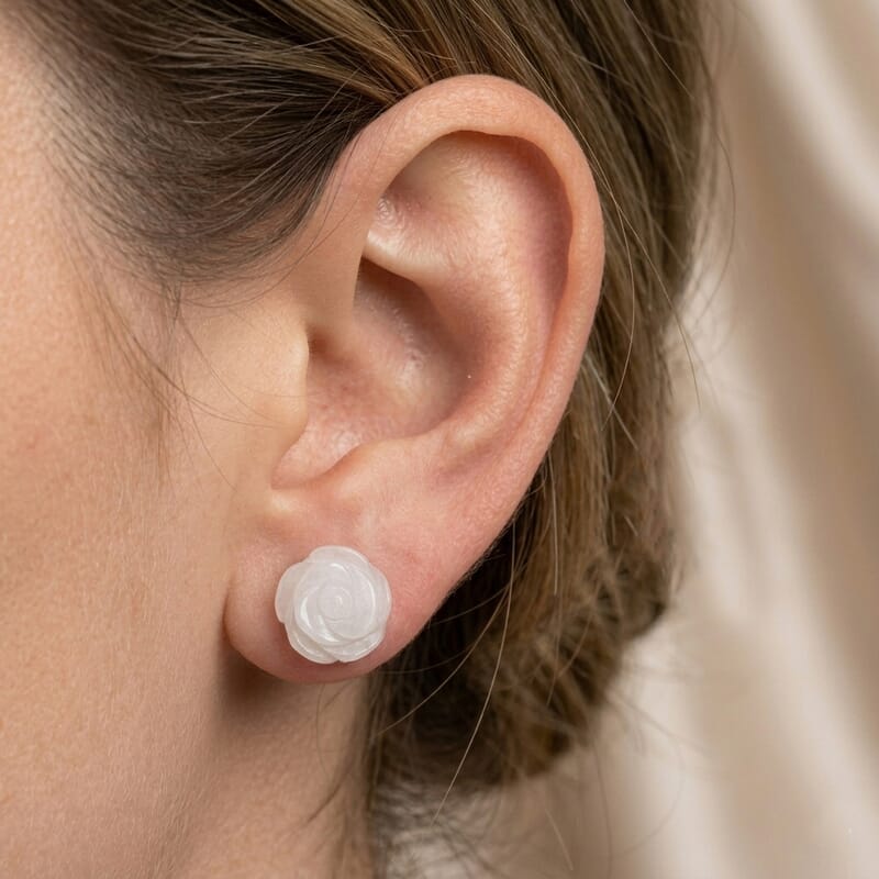 D'Joy Natural Jade 22.50 ctw Carved Rose Stud Earrings in Rhodium Over Sterling Silver