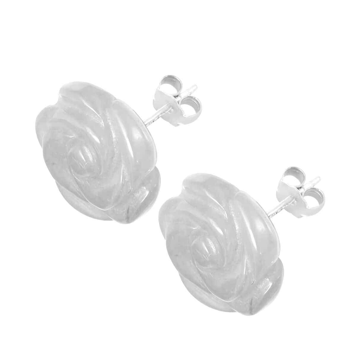 Natural Jade 22.50 ctw Carved Rose Stud Earrings in Rhodium Over Sterling Silver image number 5