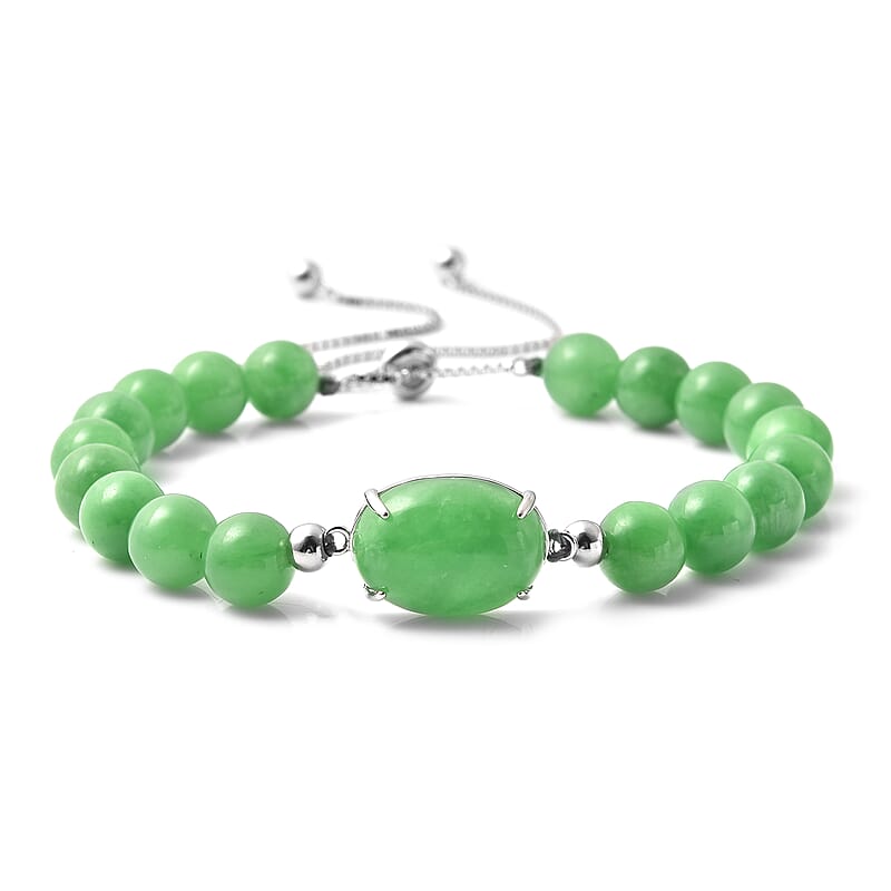 Green Jade Beaded Bolo Bracelet in Rhodium Over Sterling Silver 83.50 ctw