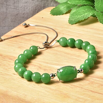 Green Jade Beaded Bolo Bracelet in Rhodium Over Sterling Silver 83.50 ctw