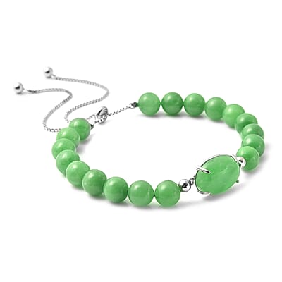Green Jade Beaded Bolo Bracelet in Rhodium Over Sterling Silver 83.50 ctw