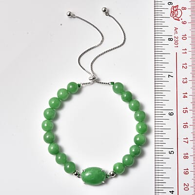 Green Jade Beaded Bolo Bracelet in Rhodium Over Sterling Silver 83.50 ctw