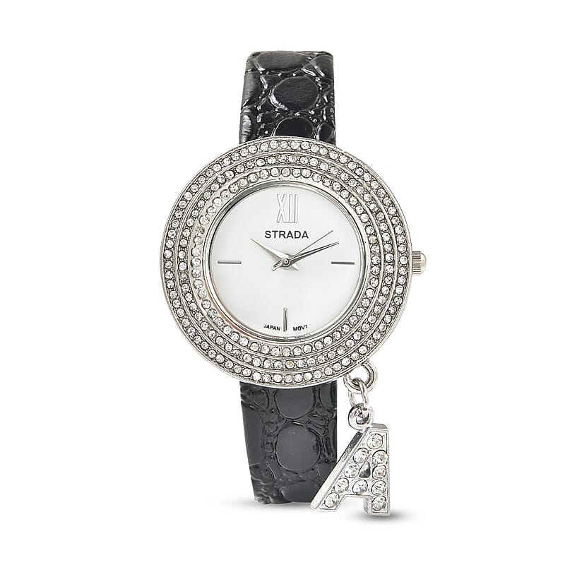 STRADA Austrian Crystal Japanese Movement Triple Halo Watch with Initial A Charm and Black Faux Leather Strap | Women's Designer Watch | Analog Luxury Wristwatch