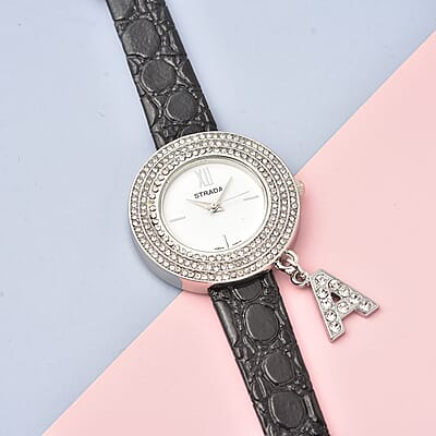 STRADA Austrian Crystal Japanese Movement Triple Halo Watch with Initial A Charm and Black Faux Leather Strap | Women's Designer Watch | Analog Luxury Wristwatch