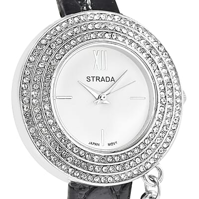 STRADA Austrian Crystal Japanese Movement Triple Halo Watch with Initial A Charm and Black Faux Leather Strap | Women's Designer Watch | Analog Luxury Wristwatch