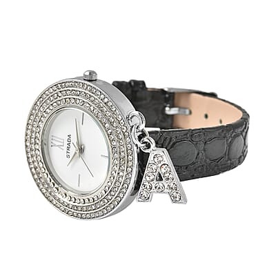 STRADA Austrian Crystal Japanese Movement Triple Halo Watch with Initial A Charm and Black Faux Leather Strap | Women's Designer Watch | Analog Luxury Wristwatch
