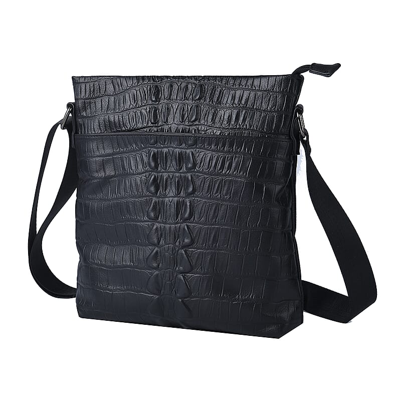 Men's Collection Black Genuine Leather Crocodile Skin Pattern Middle Size Crossbody Bag with Shoulder Strap