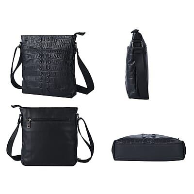 Men's Collection Black Genuine Leather Crocodile Skin Pattern Middle Size Crossbody Bag with Shoulder Strap