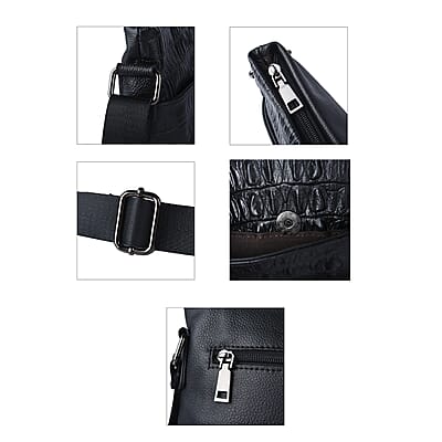Men's Collection Black Genuine Leather Crocodile Skin Pattern Middle Size Crossbody Bag with Shoulder Strap