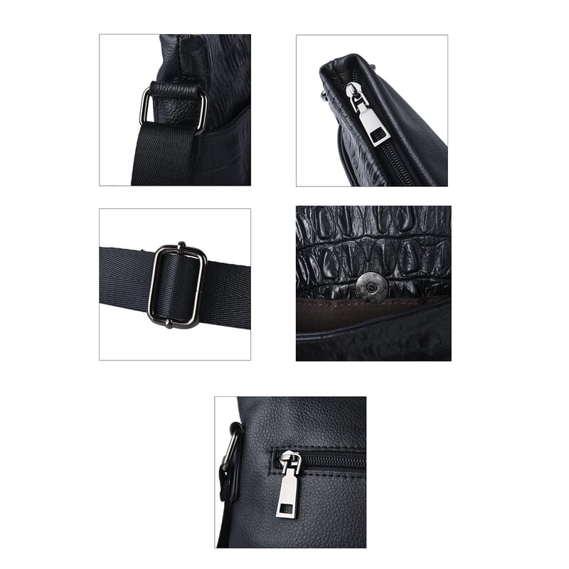 Men's Collection Black Genuine Leather Crocodile Skin Pattern Middle Size Crossbody Bag with Shoulder Strap