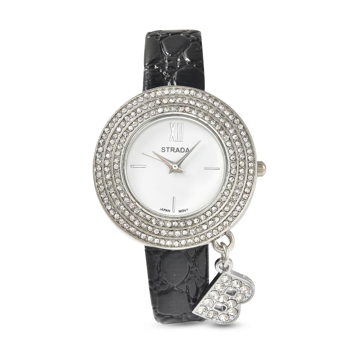 STRADA Austrian Crystal Japanese Movement Triple Halo Watch with Initial A Charm and Black Faux Leather Strap image number 0