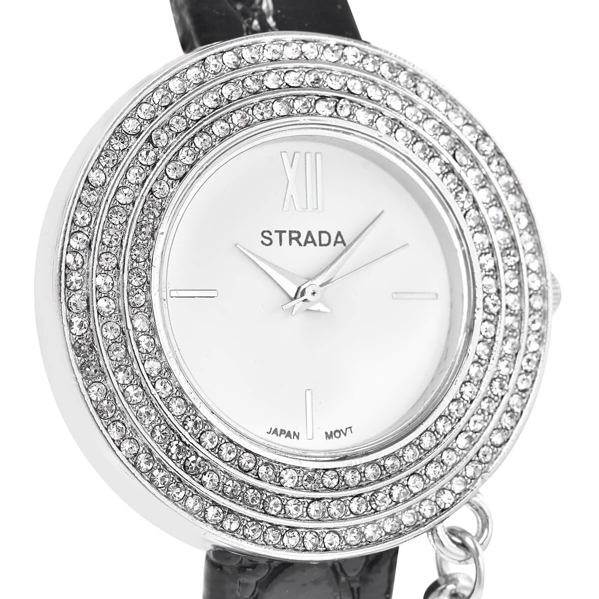 STRADA Austrian Crystal Japanese Movement Triple Halo Watch with Initial A Charm and Black Faux Leather Strap image number 2