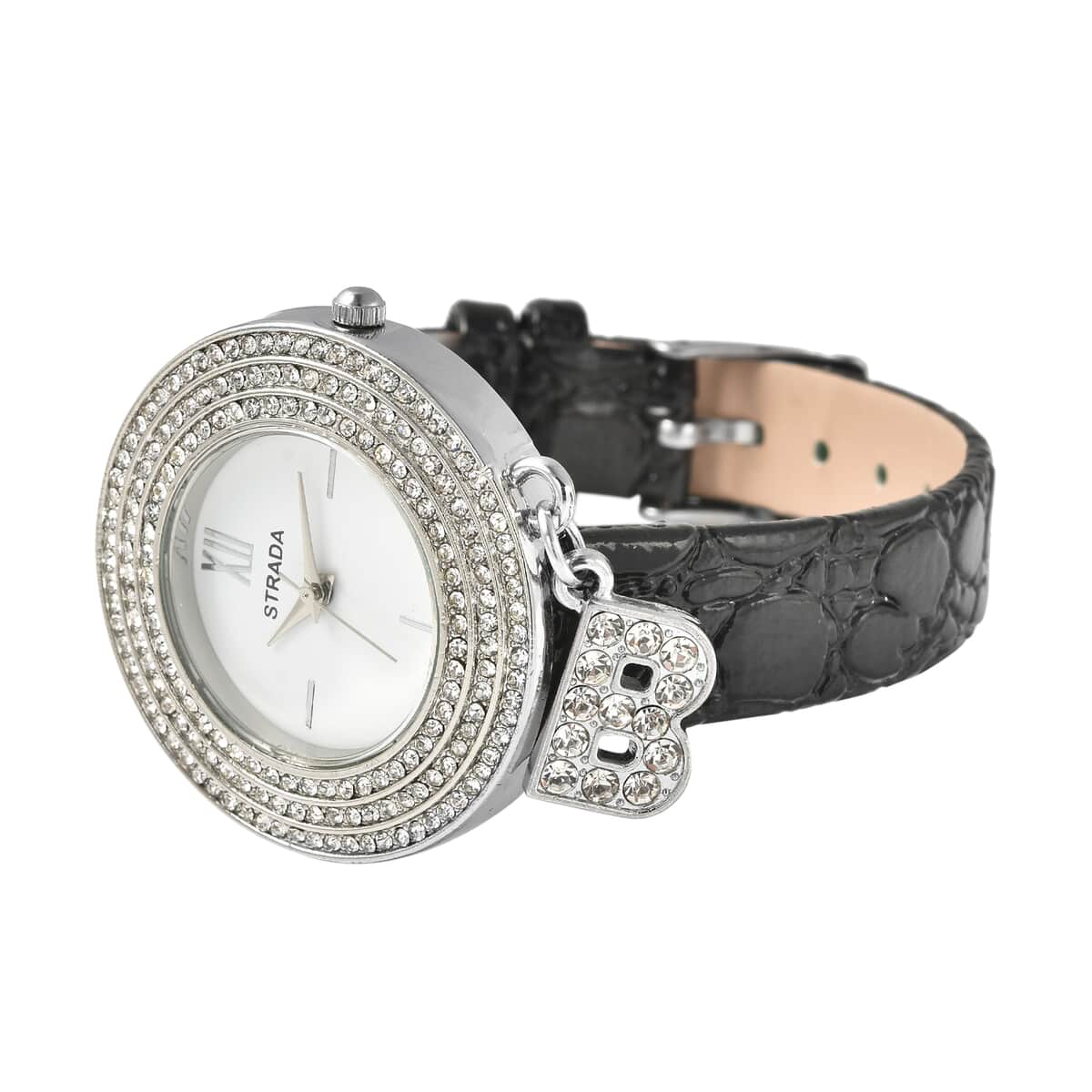 STRADA Austrian Crystal Japanese Movement Triple Halo Watch with Initial A Charm and Black Faux Leather Strap image number 3