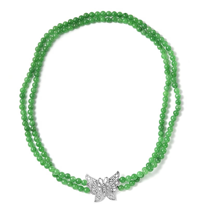 Green Jade (D) 5-7mm Beaded Double Row Butterfly Necklace 20 Inches in Rhodium Over Sterling Silver 290.50 ctw