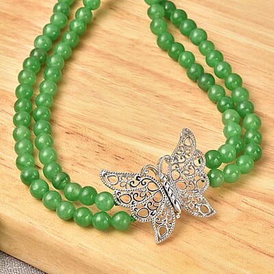 Green Jade (D) 5-7mm Beaded Double Row Butterfly Necklace 20 Inches in Rhodium Over Sterling Silver 290.50 ctw