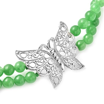 Green Jade (D) 5-7mm Beaded Double Row Butterfly Necklace 20 Inches in Rhodium Over Sterling Silver 290.50 ctw
