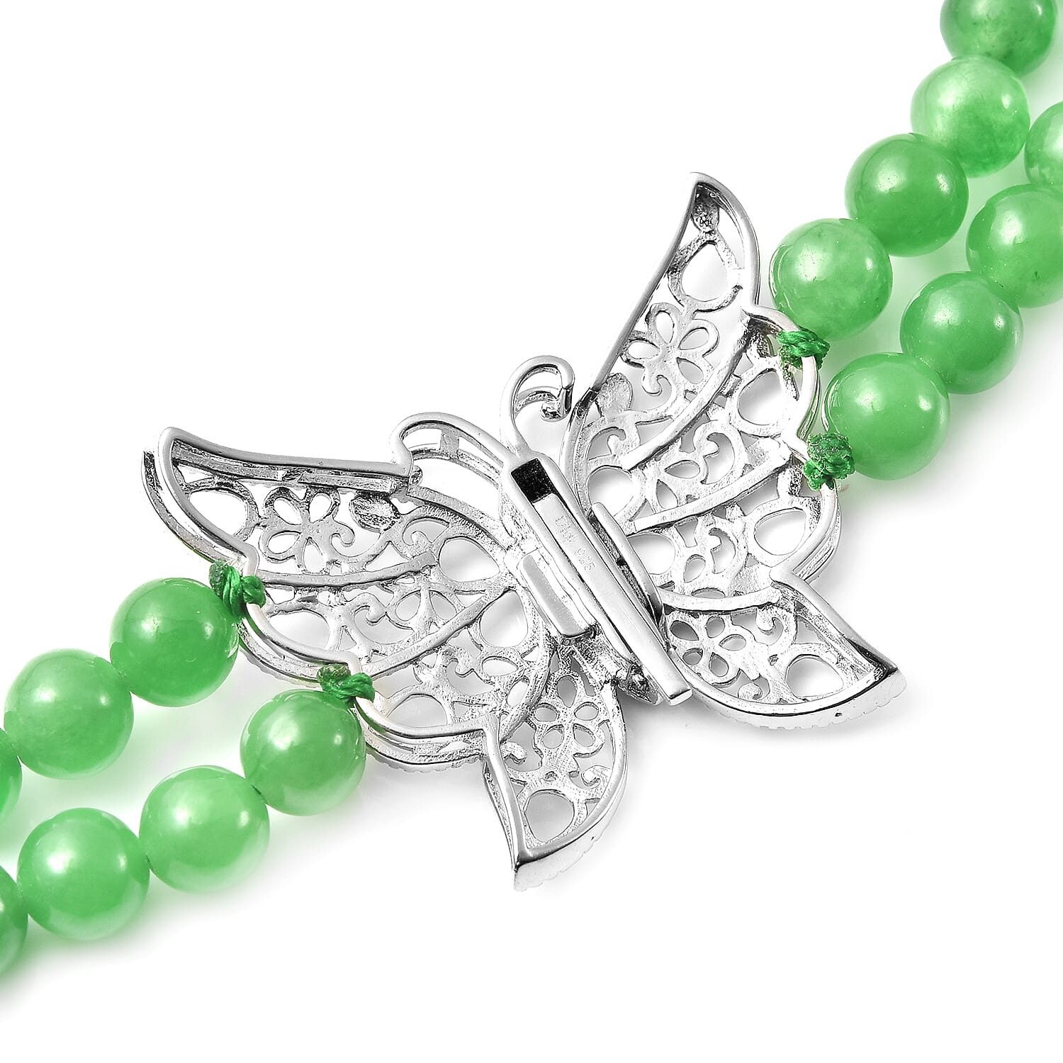 Green Jade (D) 5-7mm Beaded Double Row Butterfly Necklace 20 Inches in Rhodium Over Sterling Silver 290.50 ctw