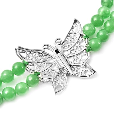 Green Jade (D) 5-7mm Beaded Double Row Butterfly Necklace 20 Inches in Rhodium Over Sterling Silver 290.50 ctw