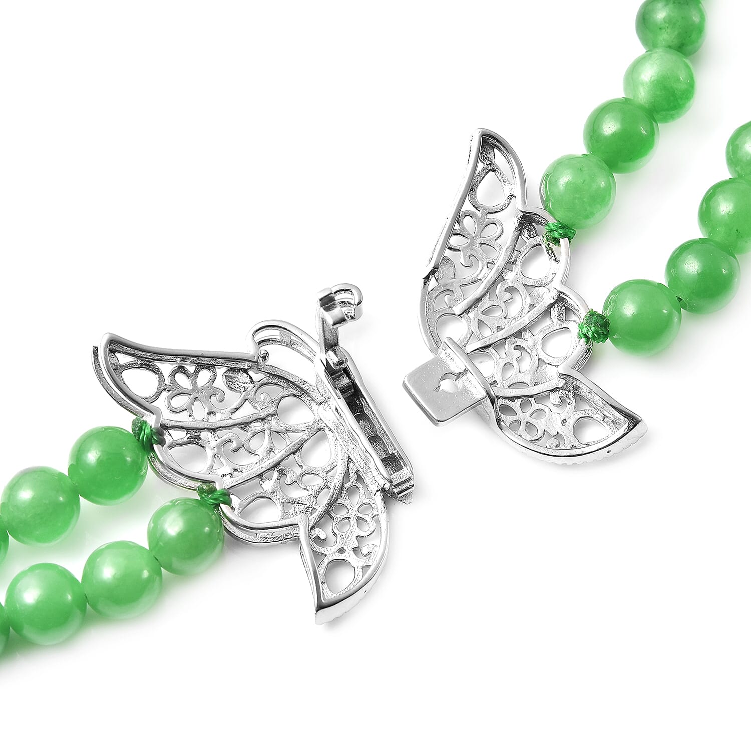 Green Jade (D) 5-7mm Beaded Double Row Butterfly Necklace 20 Inches in Rhodium Over Sterling Silver 290.50 ctw