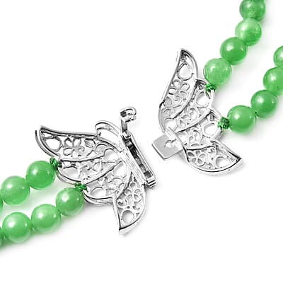 Green Jade (D) 5-7mm Beaded Double Row Butterfly Necklace 20 Inches in Rhodium Over Sterling Silver 290.50 ctw