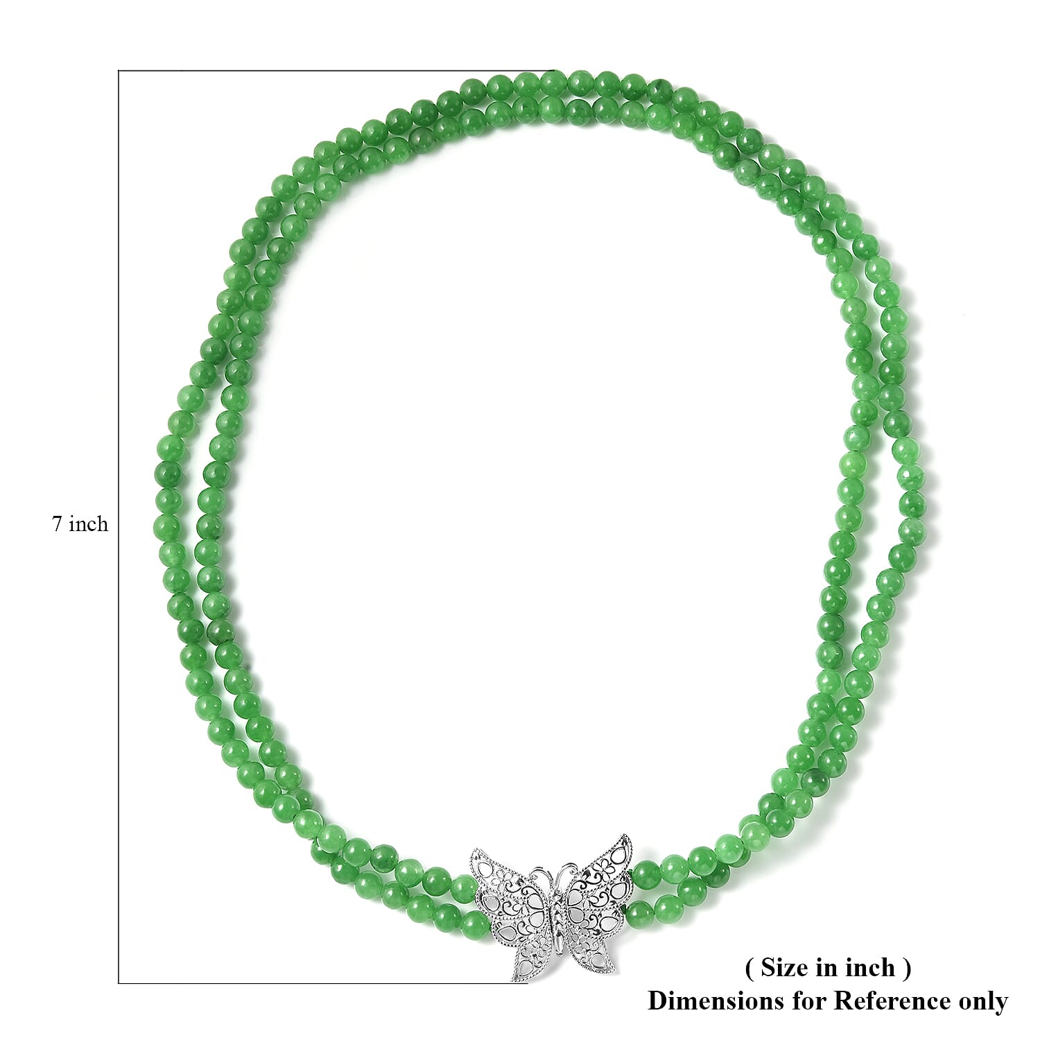 Green Jade (D) 5-7mm Beaded Double Row Butterfly Necklace 20 Inches in Rhodium Over Sterling Silver 290.50 ctw