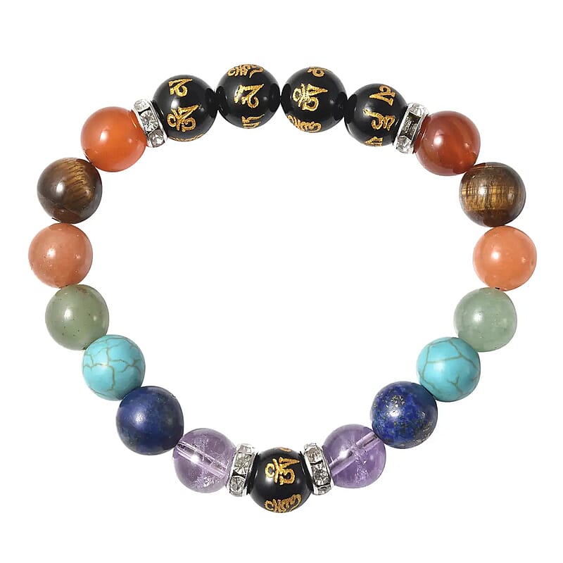 Multi Gemstone Beaded Seven Chakra Feng Shui Stretch Bracelet in Silvertone 139.00 ctw