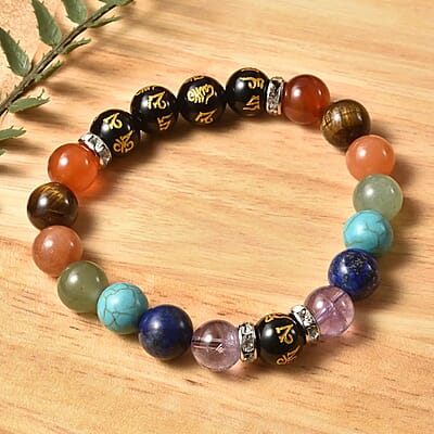 Multi Gemstone Beaded Seven Chakra Feng Shui Stretch Bracelet in Silvertone 139.00 ctw