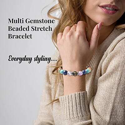 Multi Gemstone Beaded Seven Chakra Feng Shui Stretch Bracelet in Silvertone 139.00 ctw
