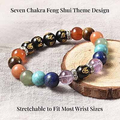 Multi Gemstone Beaded Seven Chakra Feng Shui Stretch Bracelet in Silvertone 139.00 ctw