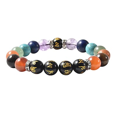 Multi Gemstone Beaded Seven Chakra Feng Shui Stretch Bracelet in Silvertone 139.00 ctw