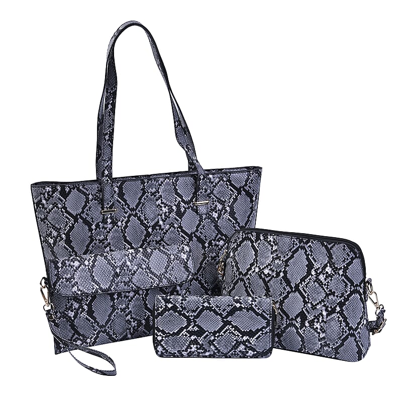 Passage Black Snake Skin Pattern Faux Leather Tote Bag Crossbody Bag, Clutch Bag and Wallet