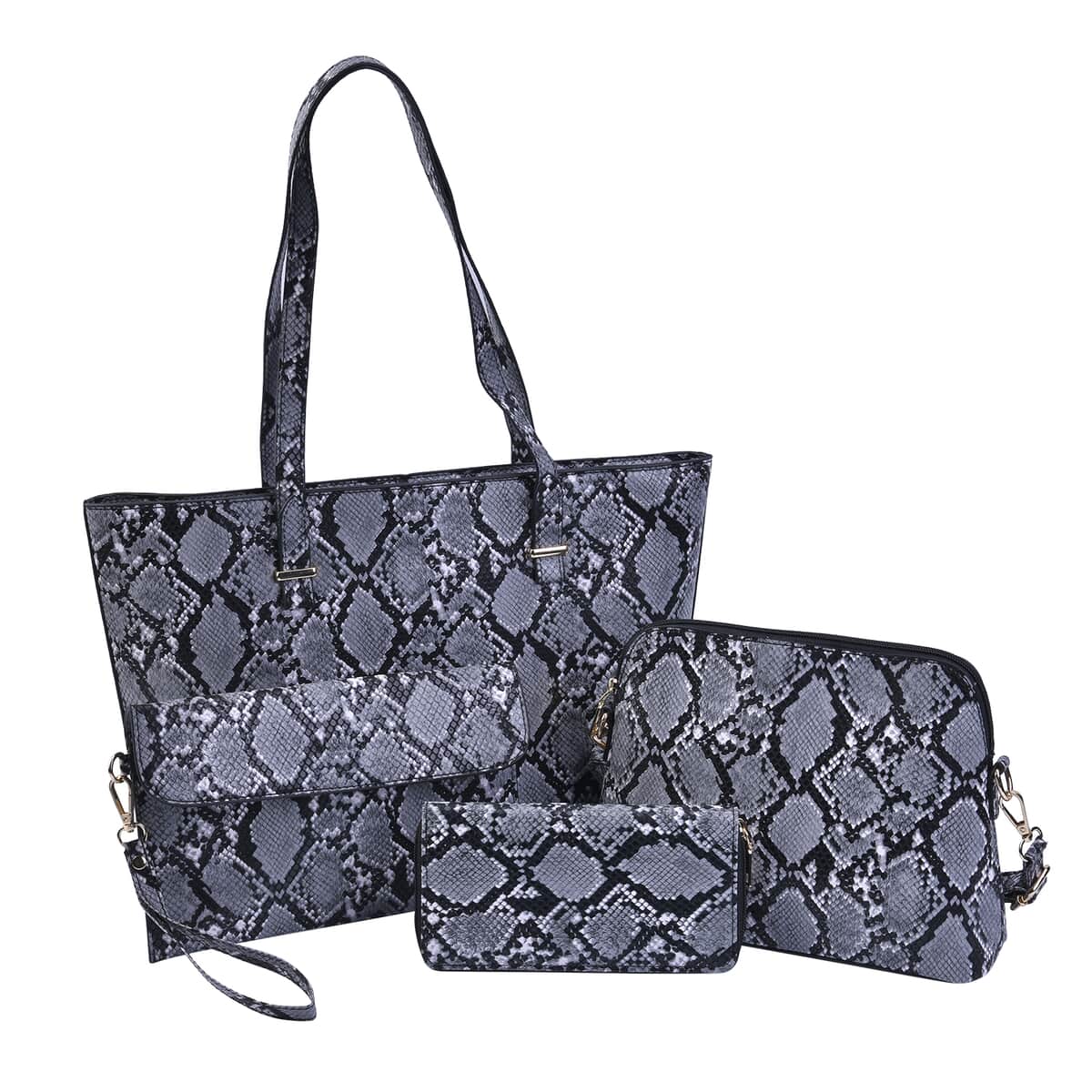 PASSAGE Black Snake Skin Pattern Faux Leather Totebag (13"x4"x10.5"), Crossbody Bag (10.24"x3.15"x7.5"), Clutch Bag (9.84"x6.3") and Wallet (7.87"x4") image number 0