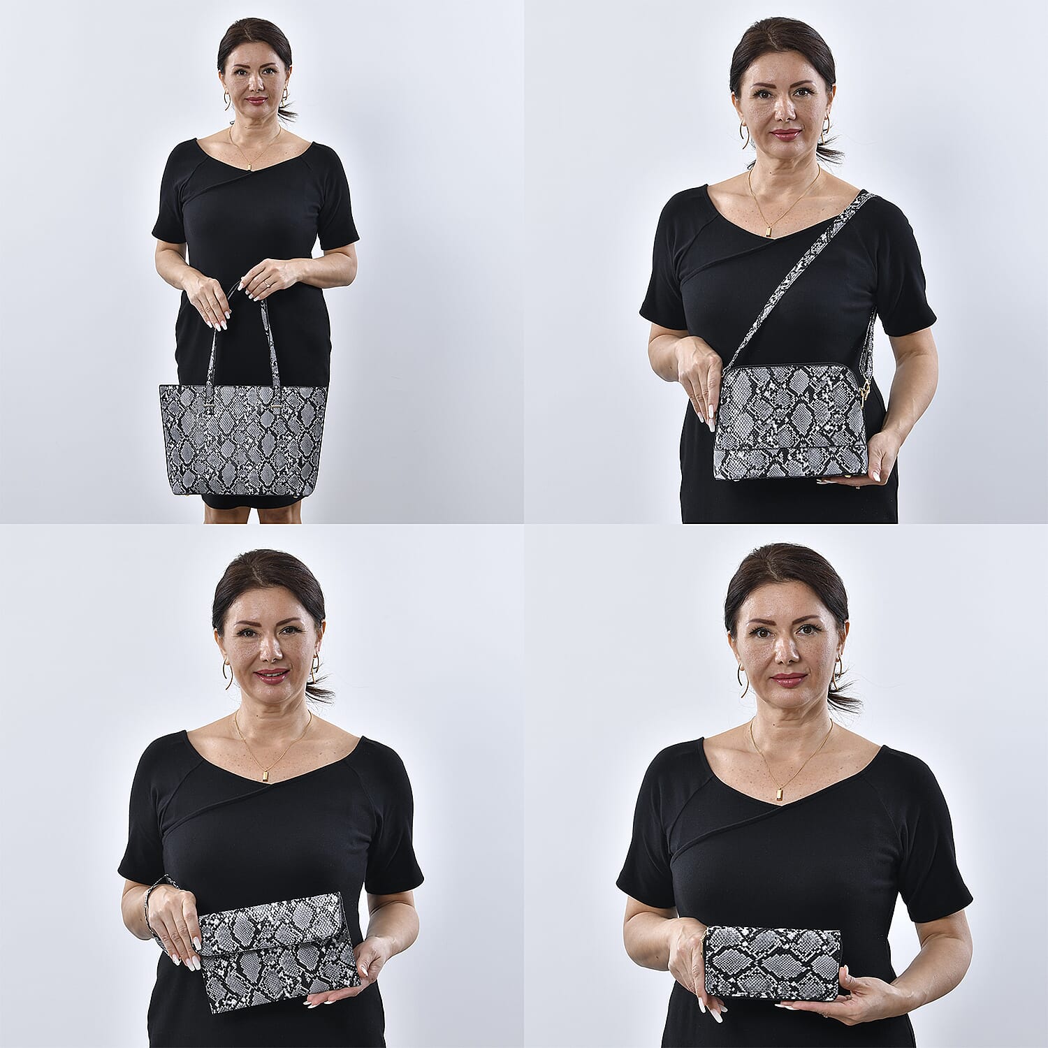 Passage Black Snake Skin Pattern Faux Leather Tote Bag Crossbody Bag, Clutch Bag and Wallet