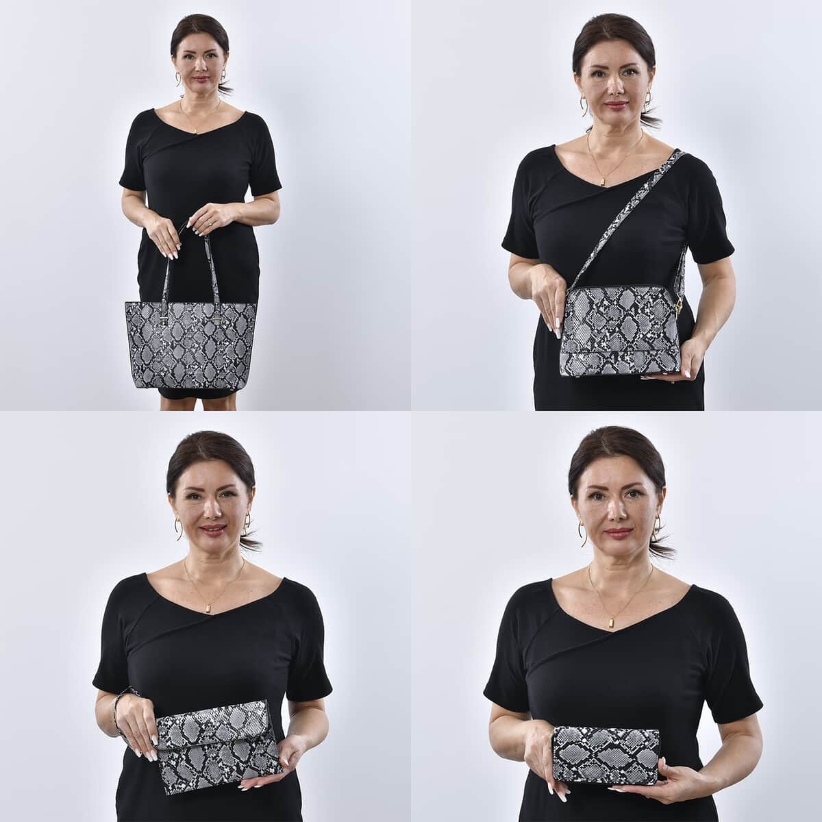 PASSAGE Black Snake Skin Pattern Faux Leather Totebag (13"x4"x10.5"), Crossbody Bag (10.24"x3.15"x7.5"), Clutch Bag (9.84"x6.3") and Wallet (7.87"x4") image number 1