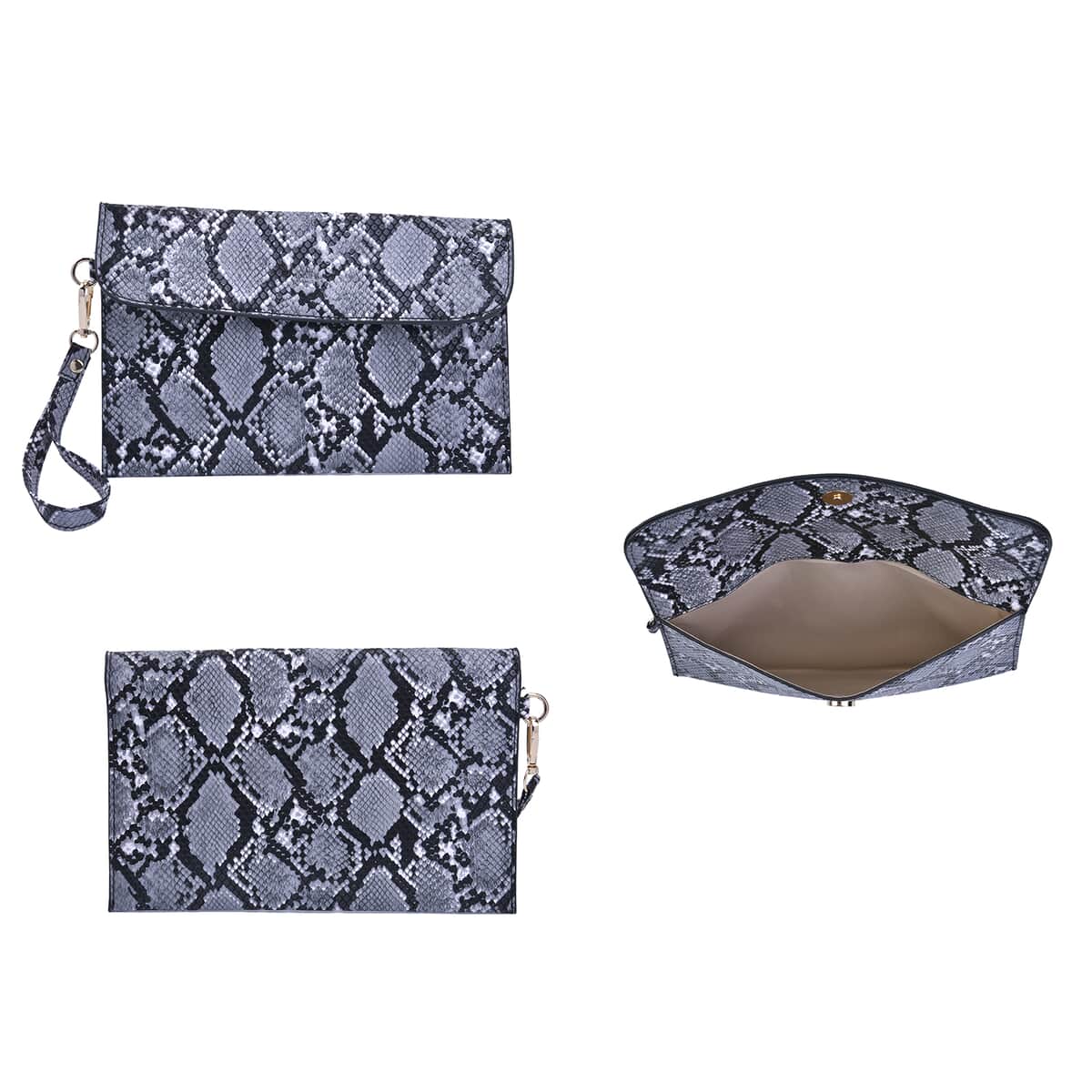 PASSAGE Black Snake Skin Pattern Faux Leather Totebag (13"x4"x10.5"), Crossbody Bag (10.24"x3.15"x7.5"), Clutch Bag (9.84"x6.3") and Wallet (7.87"x4") image number 6