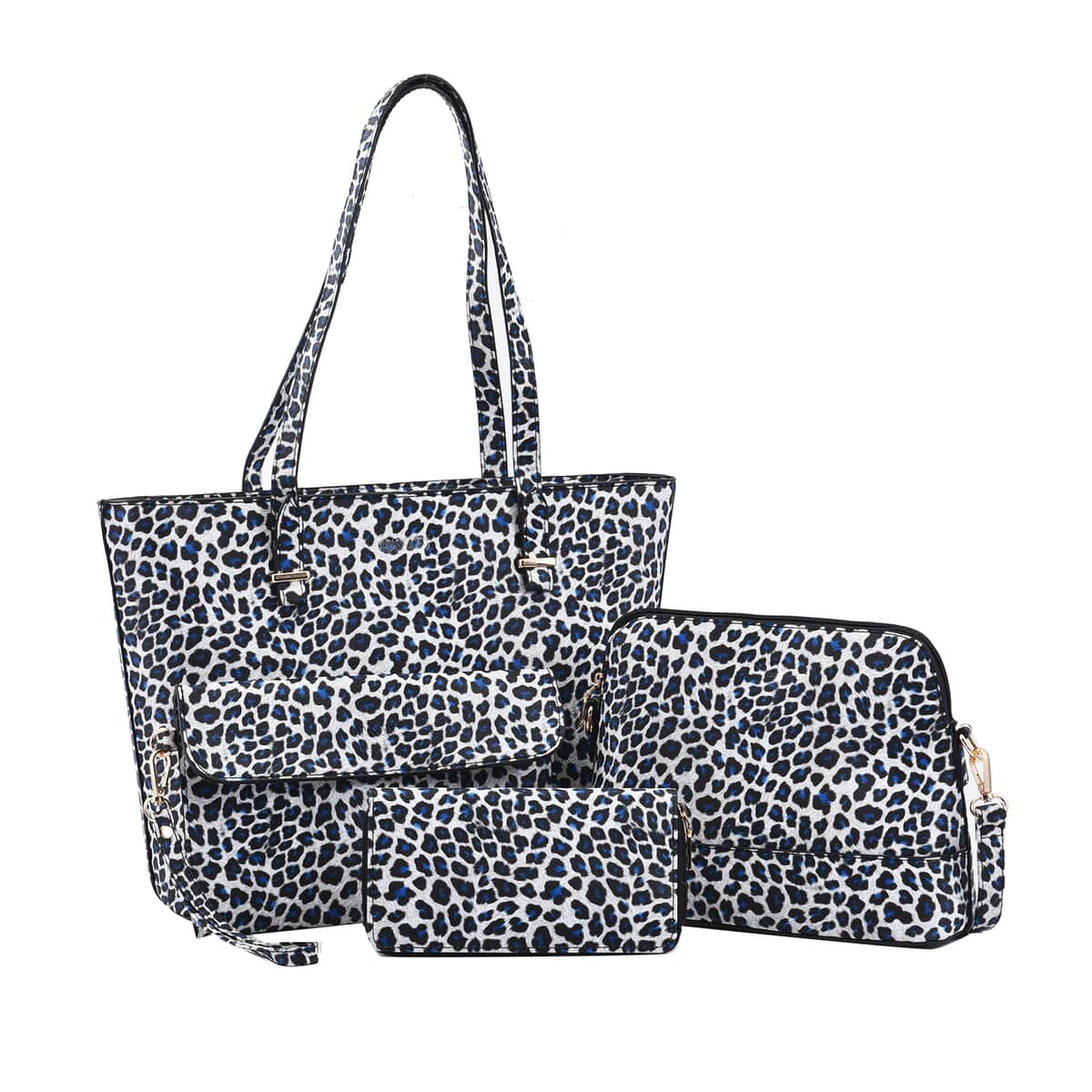 Passage White, Black and Blue Leopard Pattern Faux Leather Tote Bag Crossbody Bag, Clutch Bag and Wallet image number 0