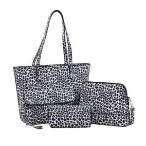 Passage White, Black and Blue Leopard Pattern Faux Leather Tote Bag Crossbody Bag, Clutch Bag and Wallet