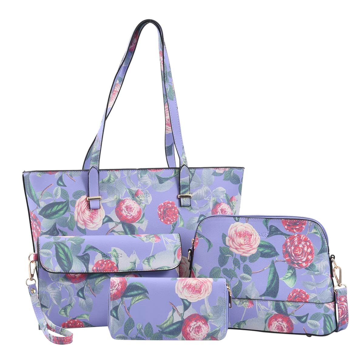 Passage Purple Flower Pattern Faux Leather Tote Bag Crossbody Bag, Clutch Bag and Wallet image number 0