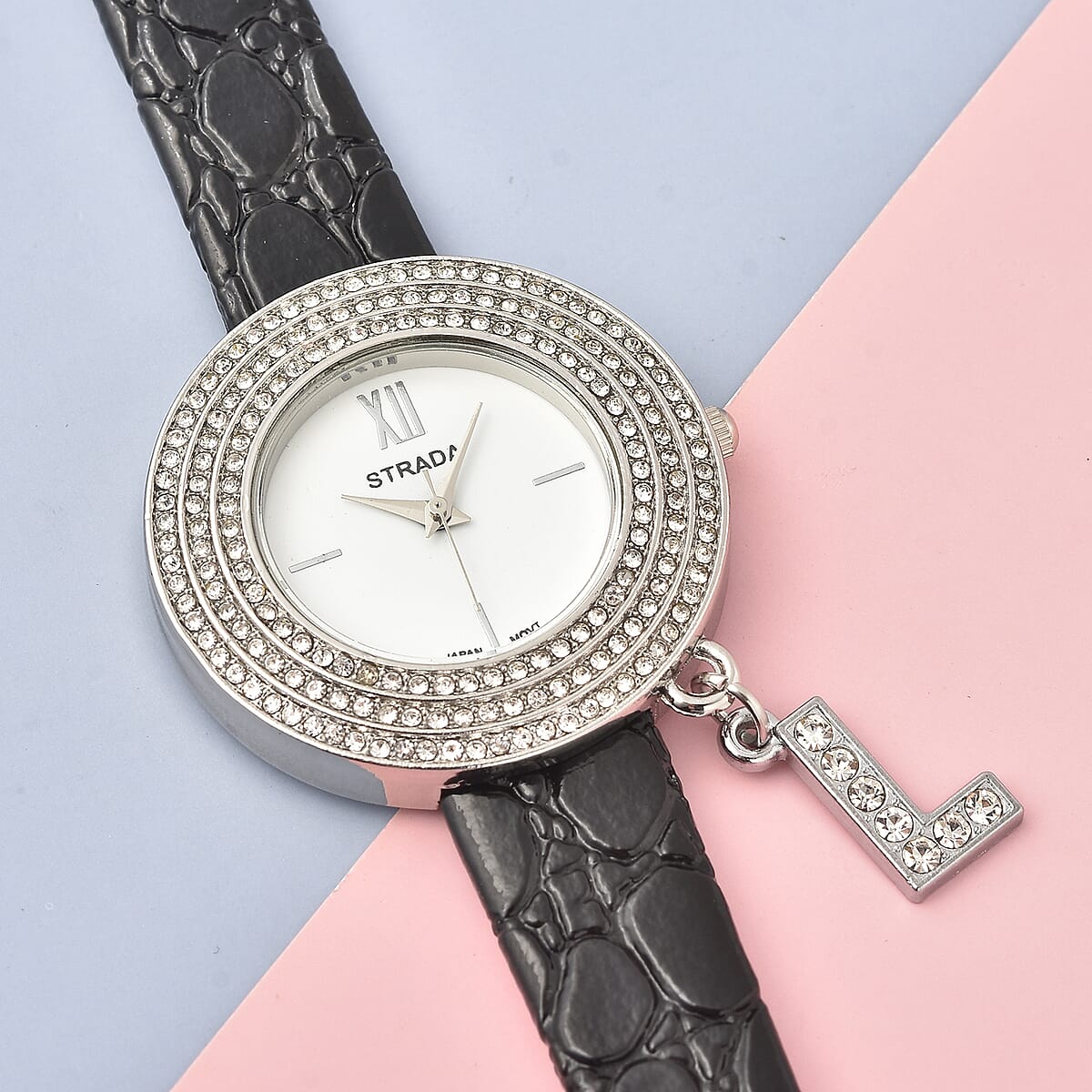 Strada Austrian Crystal Japanese Movement Triple Halo Watch with Initial L Charm and Black Faux Leather Strap , Women's Designer Watch , Analog Luxury Wristwatch image number 1