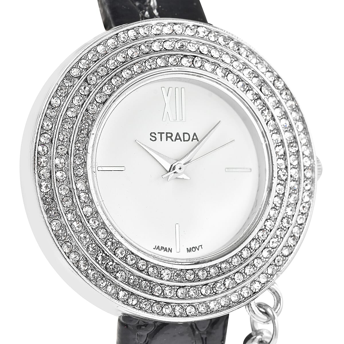 Strada Austrian Crystal Japanese Movement Triple Halo Watch with Initial L Charm and Black Faux Leather Strap , Women's Designer Watch , Analog Luxury Wristwatch image number 2