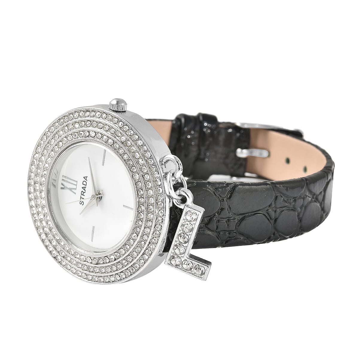 Strada Austrian Crystal Japanese Movement Triple Halo Watch with Initial L Charm and Black Faux Leather Strap , Women's Designer Watch , Analog Luxury Wristwatch image number 3