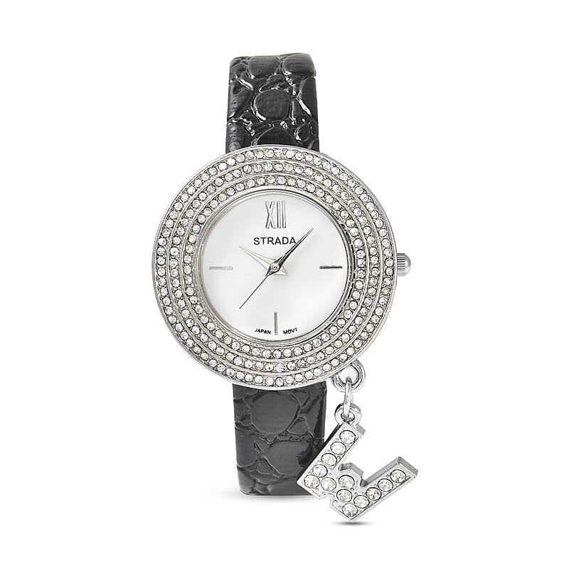 Strada Austrian Crystal Japanese Movement Triple Halo Watch with Initial W Charm and Black Faux Leather Strap , Women's Designer Watch , Analog Luxury Wristwatch
