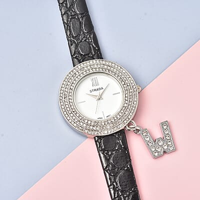 Strada Austrian Crystal Japanese Movement Triple Halo Watch with Initial W Charm and Black Faux Leather Strap , Women's Designer Watch , Analog Luxury Wristwatch